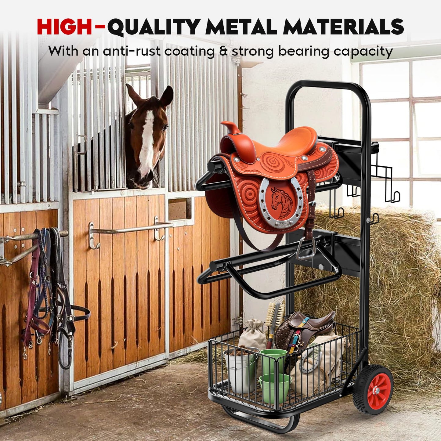 Rolling Saddle Rack Cart with Wheel, Horse Saddle Rack Dolly, Heavy Duty Horse Equipment Cart for Storage, Moving, Organizing, and Transporting Supplies