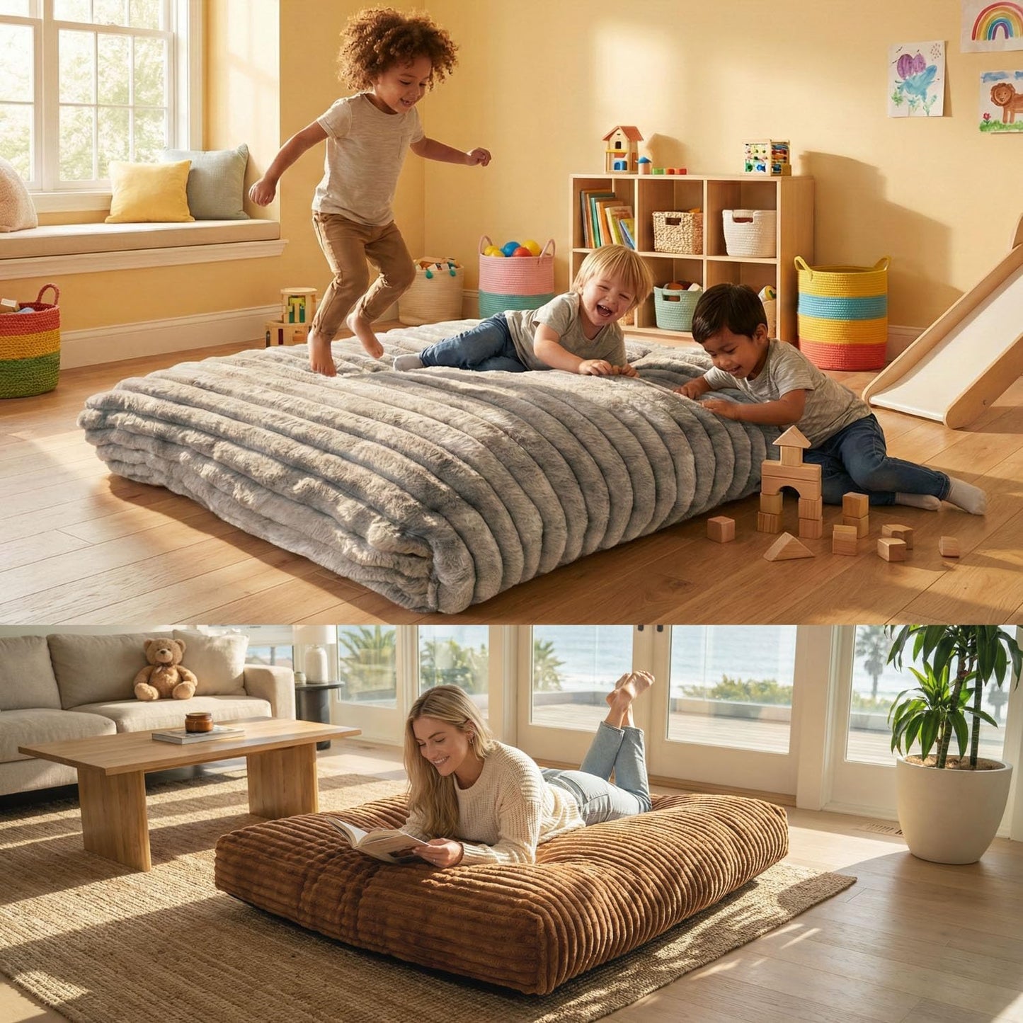 Matini Home Large Crash Pad - High-Density Foam Floor Landing Mat with Washable Cover, Professional Gymnastics Training Equipment for Impact Support, Jumping and Lounging - Light Gray, 60" x 60