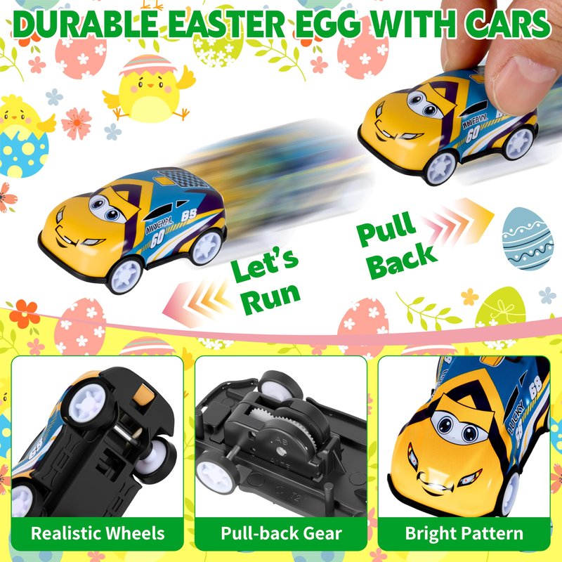 Seifar 48 Pack Prefilled Easter Eggs Filled with Pull Back Cars, Eggs with Racing Vehicle Inside, Easter Hunt Basket Stuffers Party Favors Classroom Prizes Gift for Kids Girls Boys