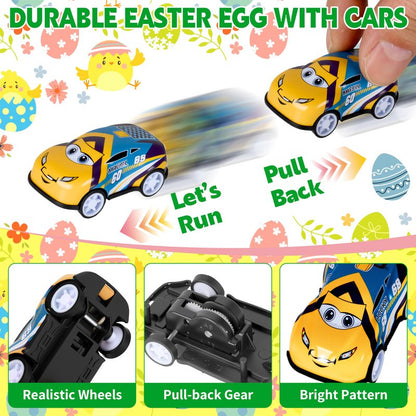 Seifar 48 Pack Prefilled Easter Eggs Filled with Pull Back Cars, Eggs with Racing Vehicle Inside, Easter Hunt Basket Stuffers Party Favors Classroom Prizes Gift for Kids Girls Boys