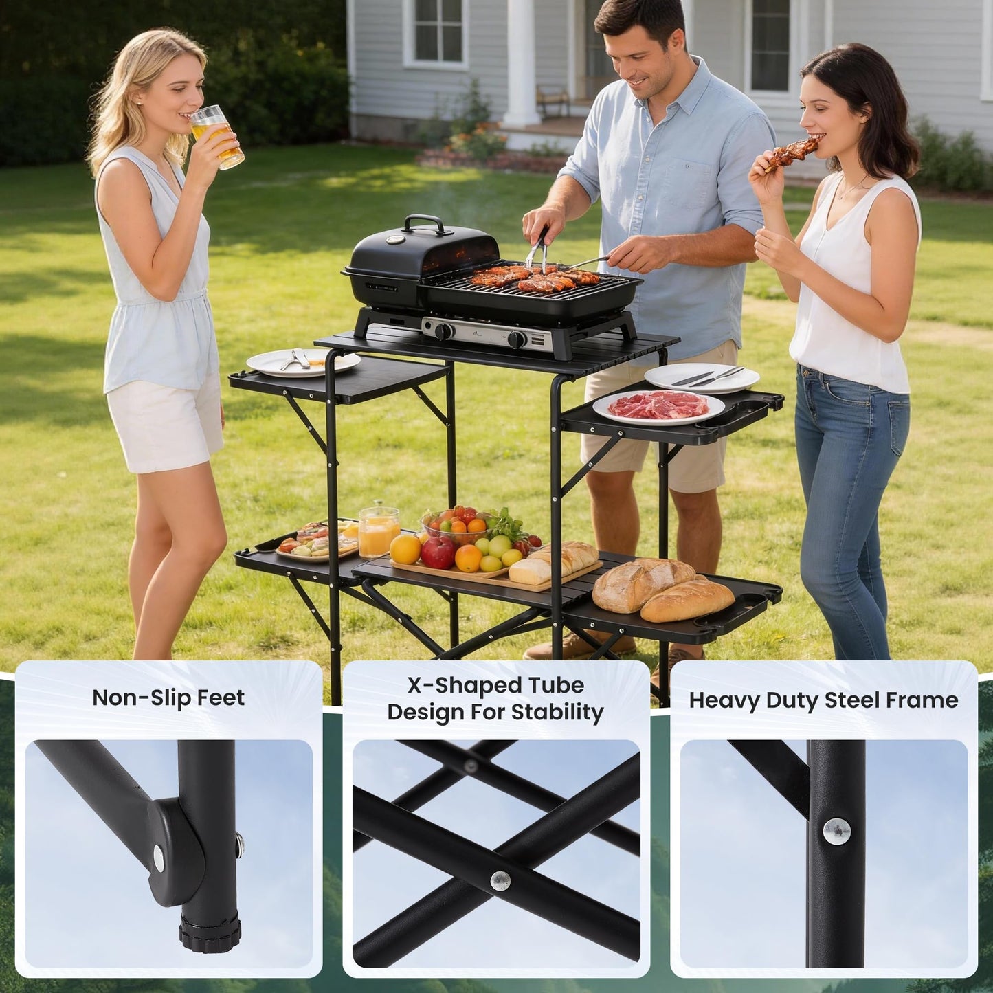 Foristrail Slim-Fold Camping Kitchen Table, Metal Folding Portable Outdoor Cook Station with 4 Side Tables, 2 Storage Shelves & Carrying Bag, Heat Resistant Quick Set-Up for Picnic BBQ