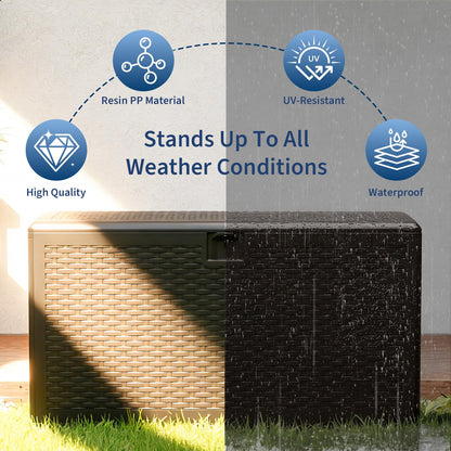 99 Gallon Waterproof Large Resin Deck Box Indoor Outdoor, Lockable Storage Container for Patio Furniture Cushions, Throw Pillows, Garden Tools, and Pool Floats, Brown