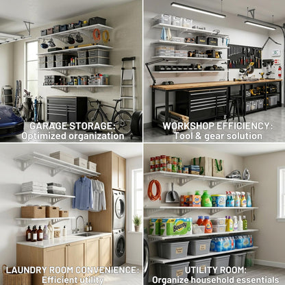 ZONEGRACE 4-Pack 2x3ft Wall Mounted Garage Shelves, 1000 Lbs Deep Garage Wall Shelving Heavy Duty, Large Floating Shelves For Wall With Storage, Complete Install Kit & Hooks, White