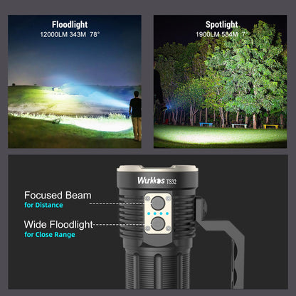 Wurkkos TS32 Super Bright 12,000 Lumen Flashlight, High Powerful Rechargeable LED Flashlight with IPX8 Waterproof and Discharge, for Outdoor Camping Hunting Searching (519A)