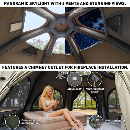 SENLEETO Inflatable Hot Tent with Stove Jack, 6-8 People Luxury 4 Season Inflatable Tents for Camping with Waterproof Large Black-Out Canopy/Rainfly, Glamping Inflatable Tent House Air Tents