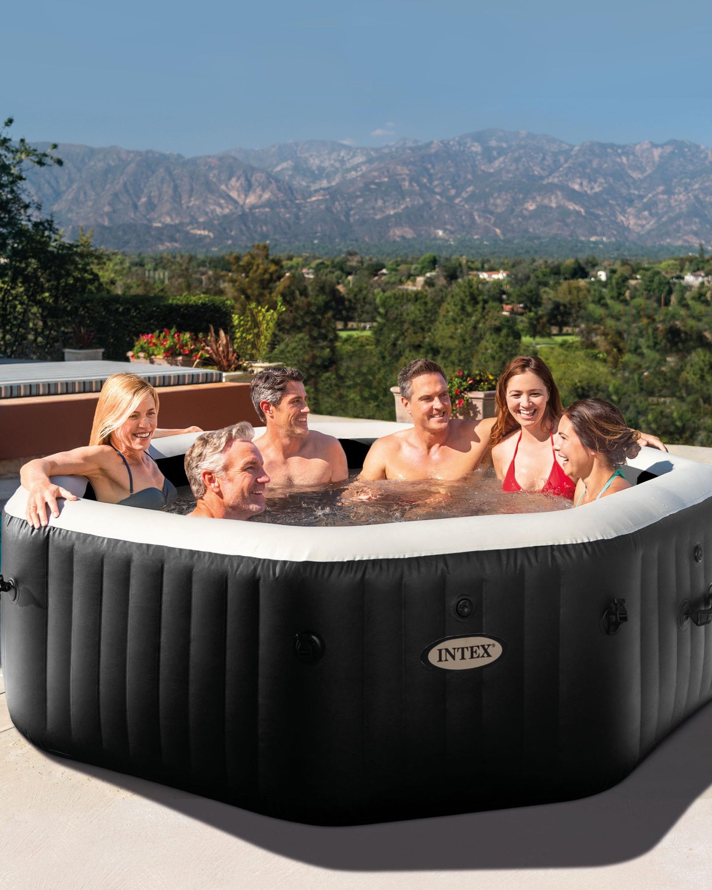 Intex 28461EP 6-Person Onyx Black Octagon Jet & Bubble Deluxe Combo Outdoor Inflatable Portable Hot Tub, Includes Energy Efficient Spa Cover, 83in x 28in