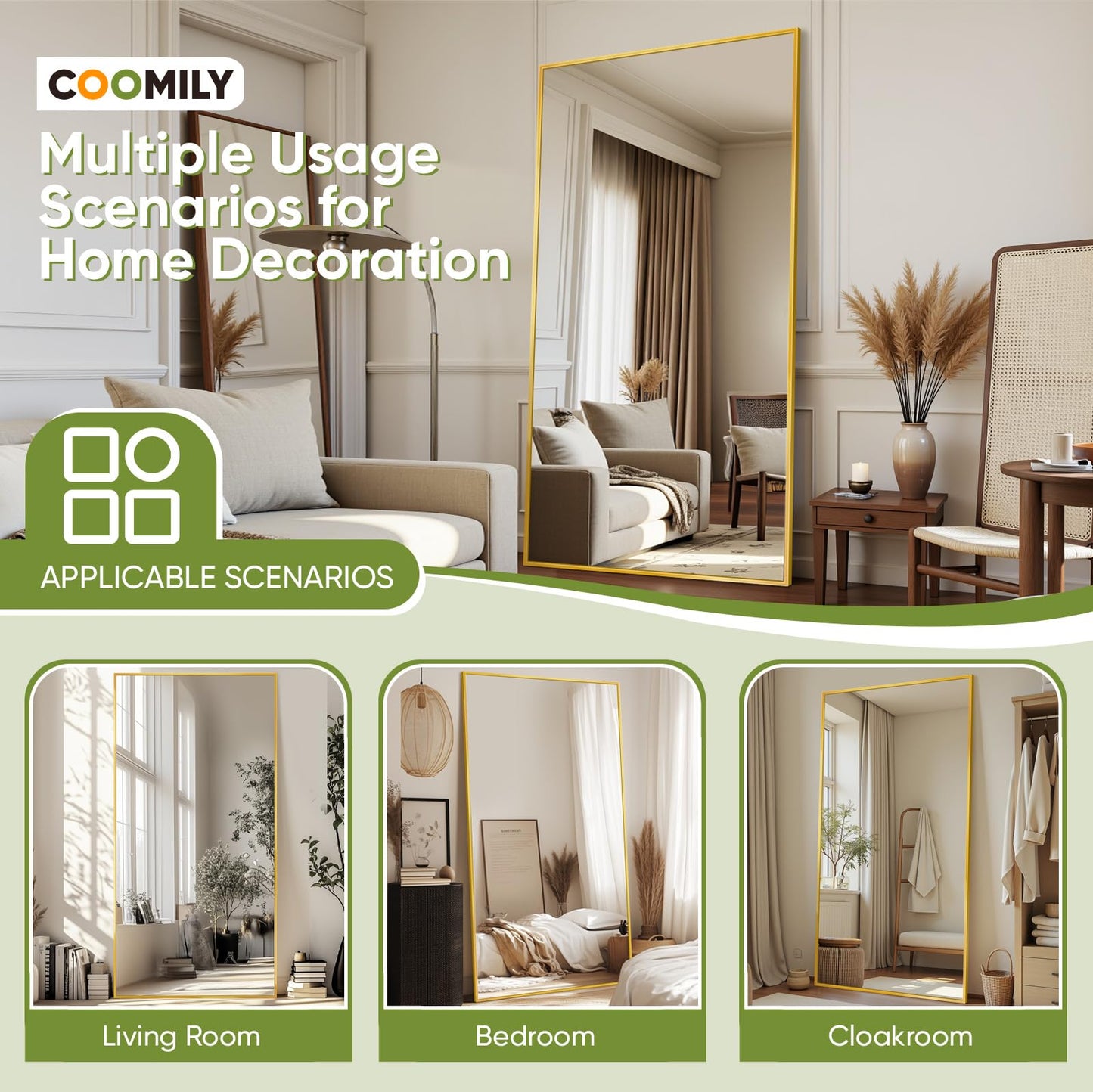 Coomily Full-Length Floor Mirror with Stand, 71"x32" Rectangle Style Full Body Standing Mirror for Bedroom, Living Room, Gym, Dorm - Shatter-Resistant & Easy Assembly, Gold