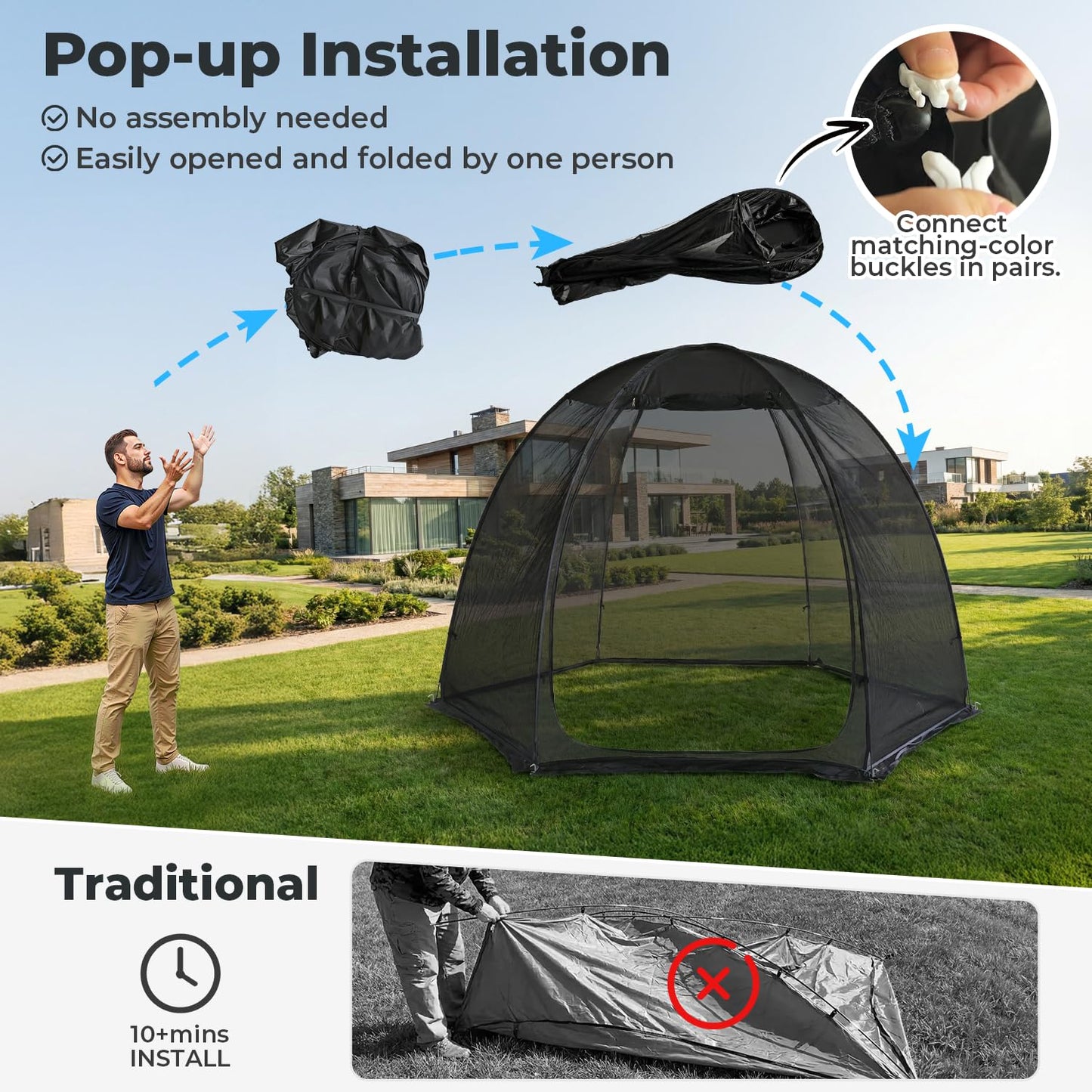 Alvantor® Pop Up Screen House Tent 10x10 FT, Snap-fit Black Mesh Screen Gazebo with Peaked Roof, Portable Screen Room Canopy Shelter with Sandbags for Camping, Backyard, Picnic