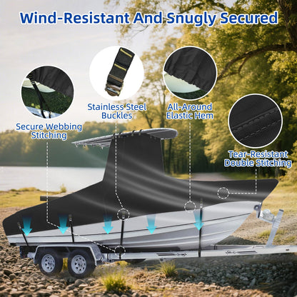 Marine Grade Waterproof Center Console Boat Cover with T Top Roof, Tear Resistant Trailerable Storage Covers, All-Weather Protection T-Top Boat Cover 26-28 ft, Beam Width Up to 116", Black