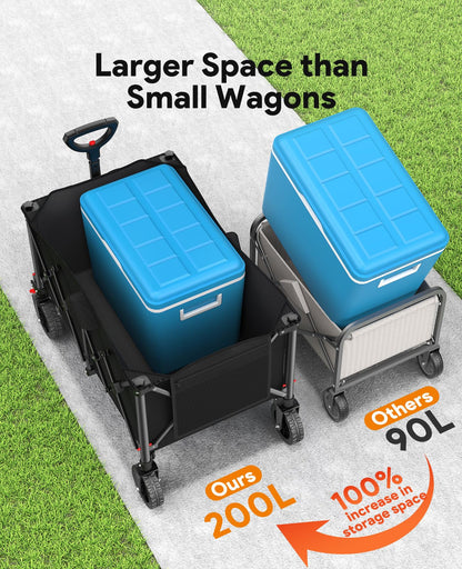 Raynesys Collapsible Foldable Wagons, 440lbs Capacity Wagons Carts Foldable with All-Terrain Wheels, Heavy Duty Utility Wagon Carts with Brakes for Camping, Sports, Shopping, Grocery, Black