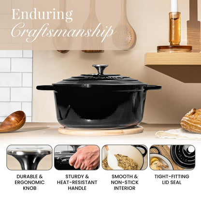 Nuovva Enamelled Cast Iron Dutch Oven Pot with Lid – 6.4 Quart Non Stick Casserole Pot – Heavy Duty & Oven Safe up to 500° F for Bread Baking, Braising, Stews, Roasting – 28cm Black