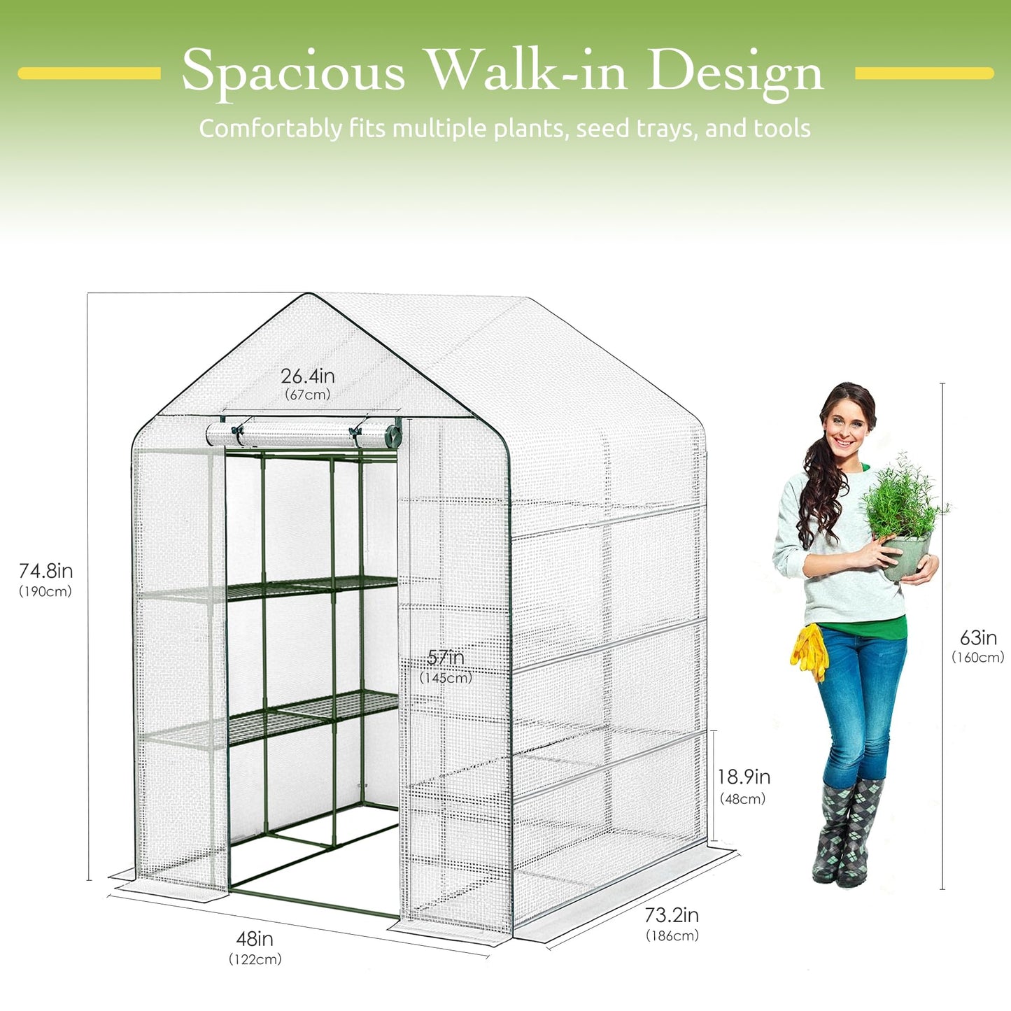 OnlyGarden Greenhouse for Outdoors, Walk in Greenhouse with PE Cover PE-Coated Steel Frame, Large Plant Hot House for Outside, 3 Tier 8 Shelves Portable Green House Winter 48" x 73.2" x 74.8"