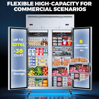 Ferueo Commercial Refrigerator and Freezer Combo, 48" W 2 Door Dual Temperature Zones Freezers, 39 Cu.ft Commercial Refrigerators with 8 Adjustable Shelves for Restaurant Shop Bar