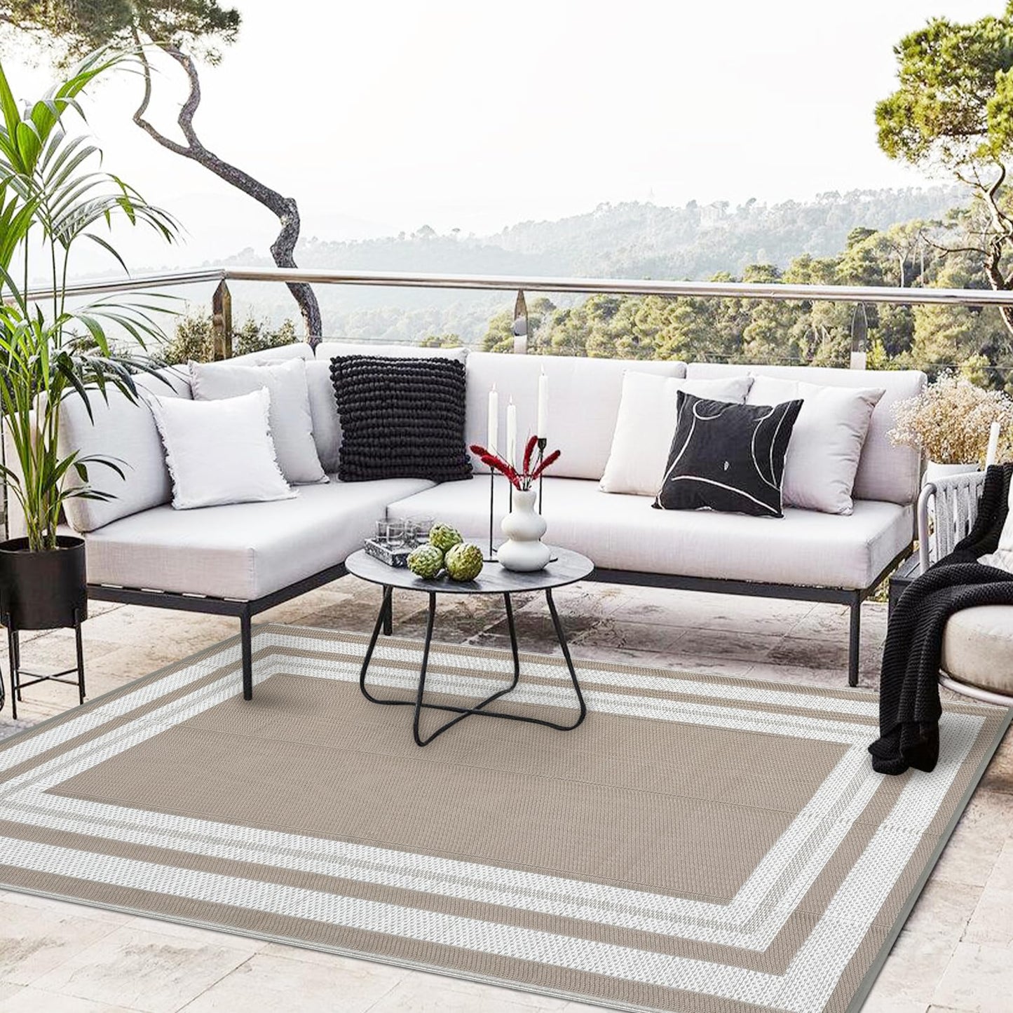 GarveeHome Outdoor Patio Rug 10x20 Plastic Straw Rug Waterproof Large Outdoor Rugs Reversible Portable Camping Rugs Lightweight Floor Mat for RV Porch Balcony Patios Picnic Outside Grey Beige Panel