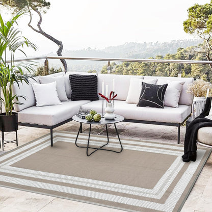 GarveeHome Outdoor Patio Rug 10x20 Plastic Straw Rug Waterproof Large Outdoor Rugs Reversible Portable Camping Rugs Lightweight Floor Mat for RV Porch Balcony Patios Picnic Outside Grey Beige Panel