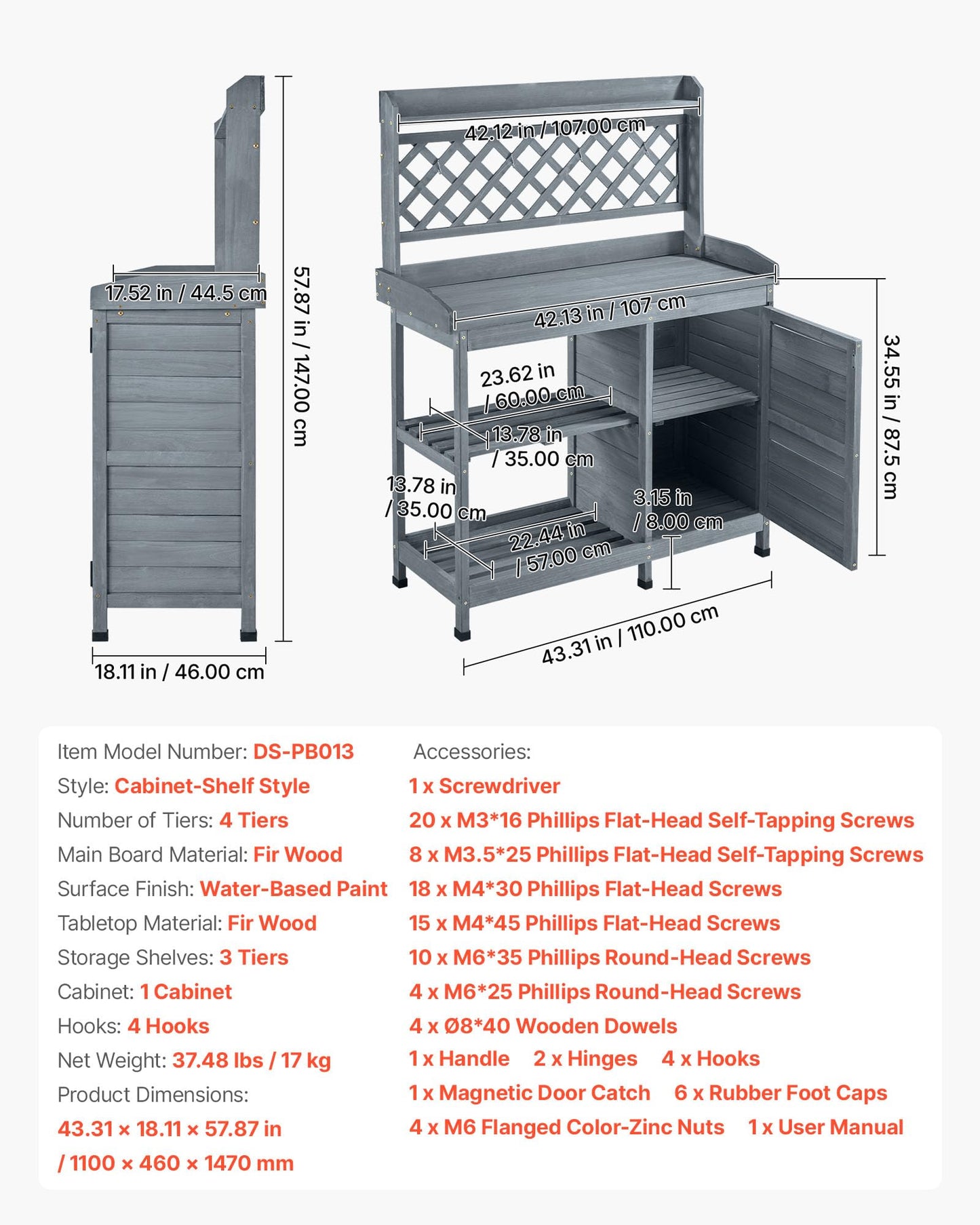 VEVOR Potting Bench Table, Outdoor Gardening Wooden Workstation with Storage Cabinet, Storage Shelves, 43 x 18 in Wood Tabletop, Garden Planting Work Station for Patio, Backyard, Balcony, Gray