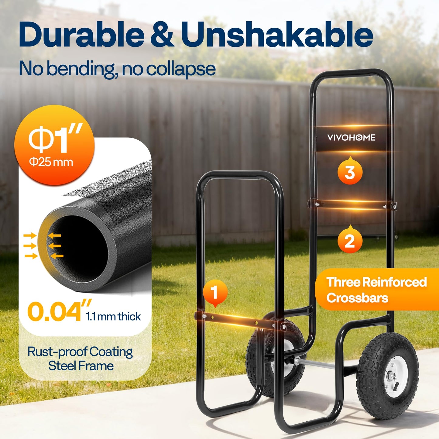 VIVOHOME Firewood Log Cart Carrier with Cover and 600D Oxford Cloth, 250 LB Capacity Heavy Duty Steel Log Carrier Dolly Hauler, Rolling Wood Rack Storage Mover for Easy Transport Indoor Outdoor Use