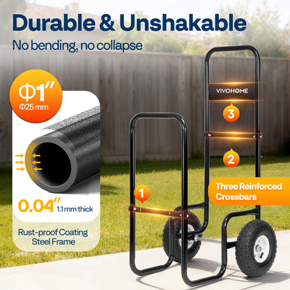 VIVOHOME Firewood Log Cart Carrier with Cover and 600D Oxford Cloth, 250 LB Capacity Heavy Duty Steel Log Carrier Dolly Hauler, Rolling Wood Rack Storage Mover for Easy Transport Indoor Outdoor Use