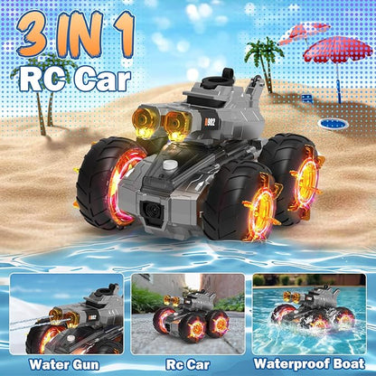 Waterproof Remote Control Car with Water GunRechargeable Amphibious Rc Car BoatsGesture Sensing RC Stunt Cars Drive on WaterOutdoor Indoor Pool Toys for KidsBirthday Gifts for Boys Girls Teens 8+