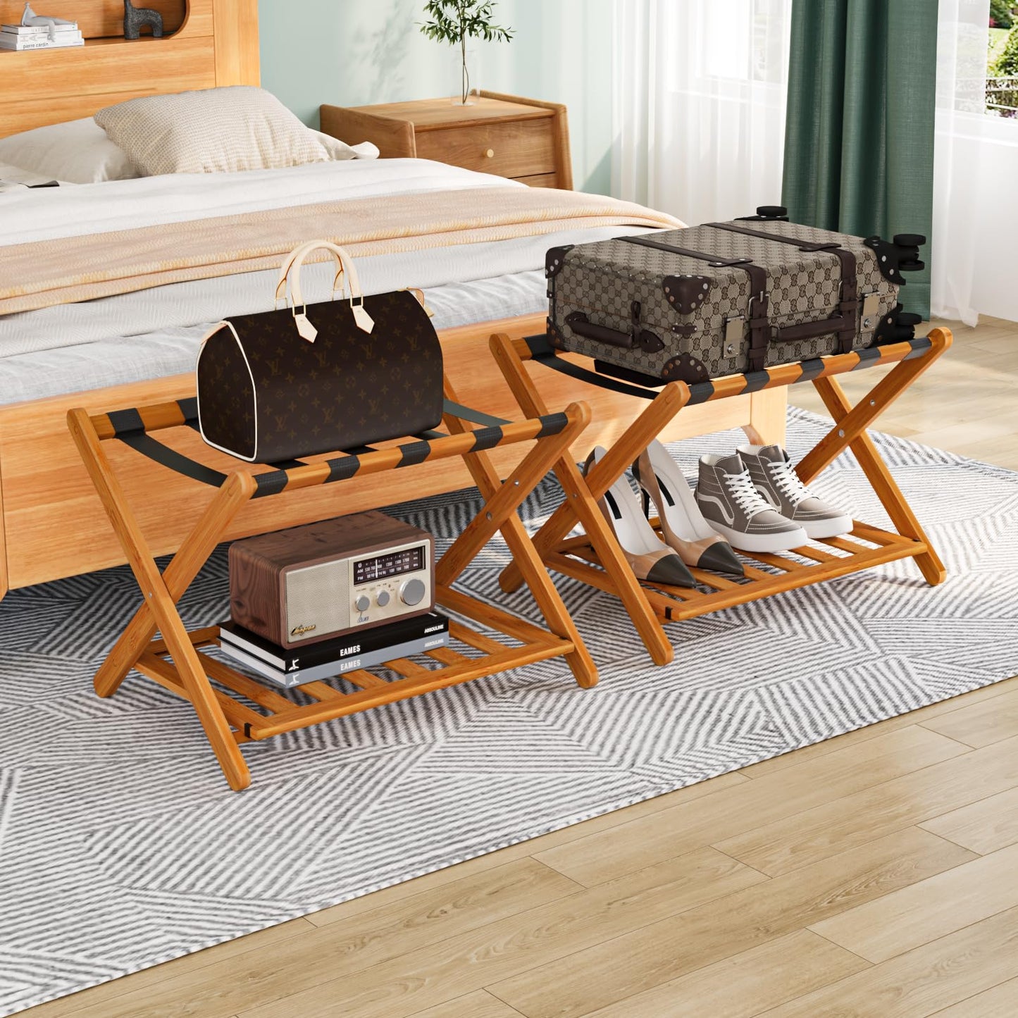 Smuxee Fully Assembled Honey Luggage Racks Pack of 2, Upgraded Bamboo Foldable Suitcase Stand with 5 Nylon Straps, Luggage Holder with Shelf for Guest Room Bedroom Hotel
