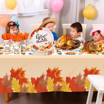 Childom 152Pcs Thanksgiving Plates and Cups,Disposable Thanks Giving Dinnerware Set,Thanksgiving Decorations,Thanks Giving Party Supplies,Give Thanks Tablecloth Plates Cups Forks Knives Spoon,Serve 30