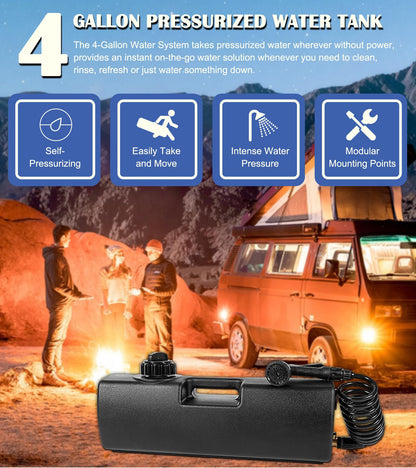 4.0 Gallon Self-Pressurized Water Tank - Portable Camping Shower Water Container w/ Spray Hose, Trucks & Off-Road Vehicles Water Storage for Outdoor, Hiking, Emergency Storage, Bumper Mount/Bed Mount