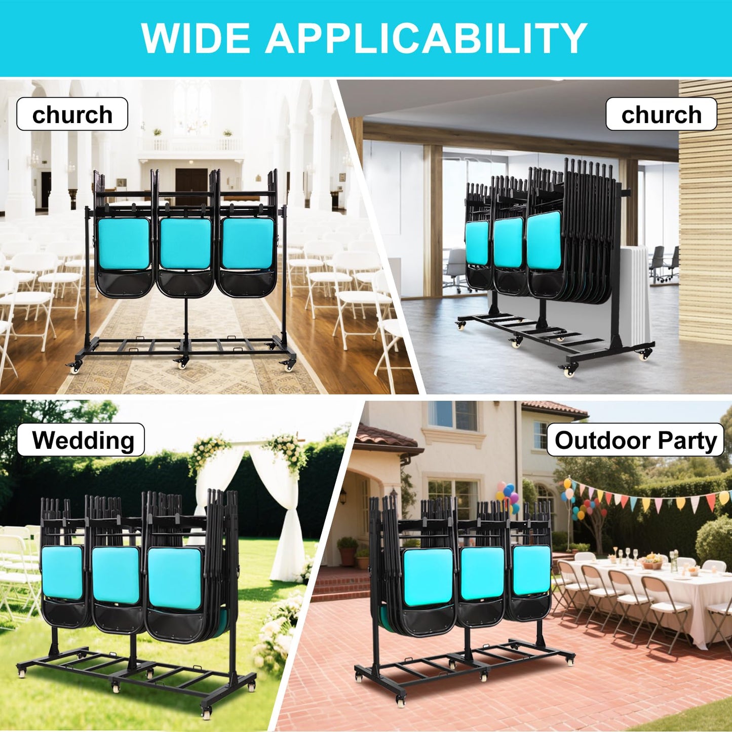 Folding Chair Cart Holds 42 Chairs, 500-lb Capacity Heavy-Duty Folding Chair Rack with Locking Rubber Wheels for Churches, Banquets, and Weddings