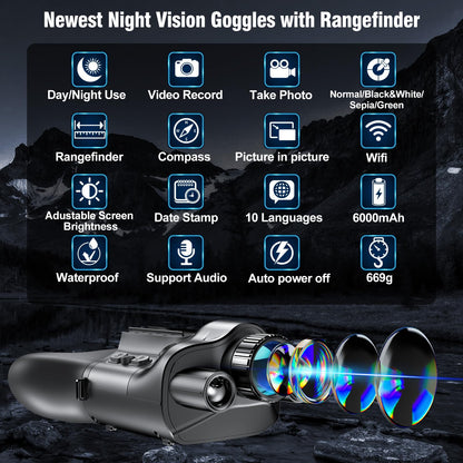 Crangcam 4K Day & Night Vision Binoculars/Goggles with Rangefinder & Compass, 6000mAh Rechargeable, 32GB TF Card, 5X Zoom & 42mm Lens for Hunting Camping Hiking