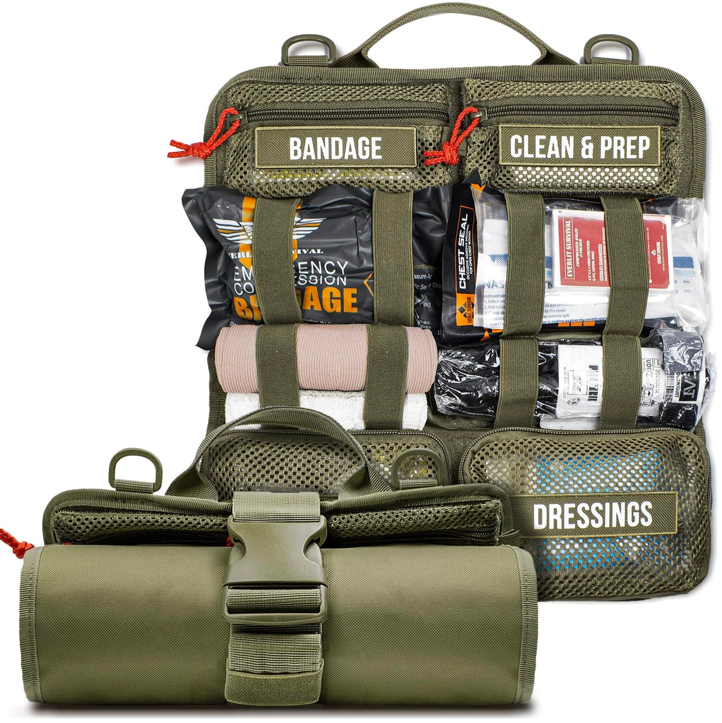 EVERLIT Roll Up Trauma First Aid Kit with CAT Tourniquet-Tactical IFAK Emergency Medical Kit for Outdoor, Vehicle & Home Preparedness-Quick Release Molle Bag for First Responders (OD Green)