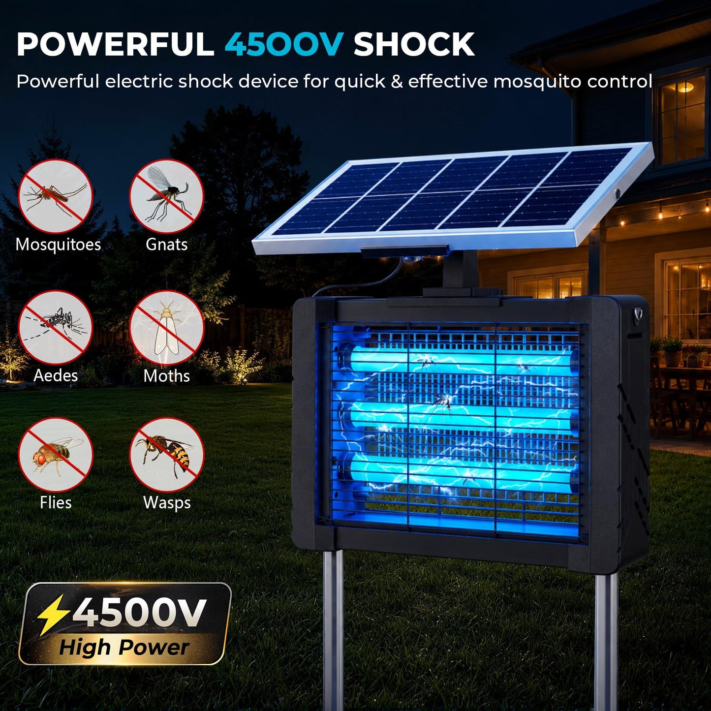 Solar Bug Zapper Outdoor, Portable Rechargeable Mosquito Zap with 3 Lamps, 4500V Electric Insect Zapper, 5400mAh Battery, 10FT Solar Cord, IPX5 Waterproof Fly Zapper for Patio Backyard Garden Camping