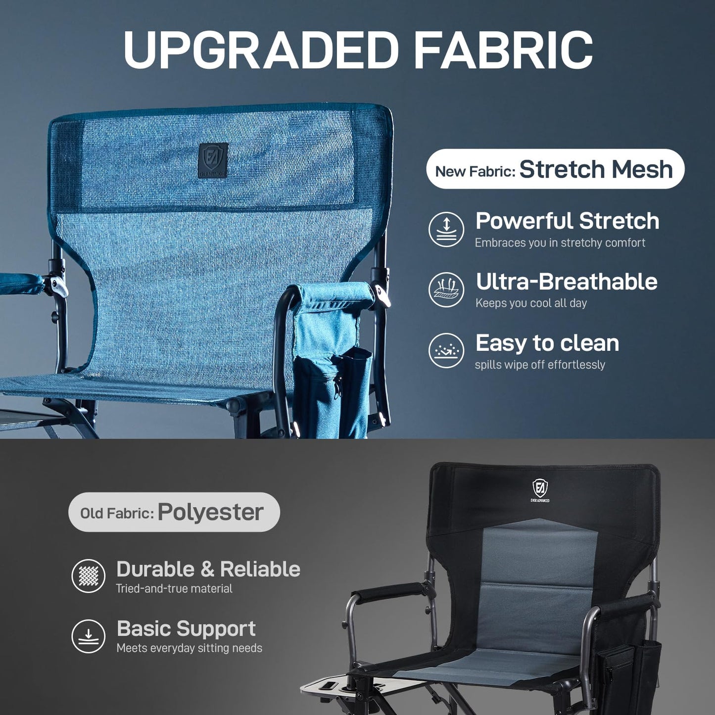 EVER ADVANCED Portable 30.7" Seat Height Tall Folding Camping Chair Directors Chair High Foldable Bar Stool with Side Table for Makeup Artist, Sports Event, Craft Show, Stretch Mesh, Supports 350LBS
