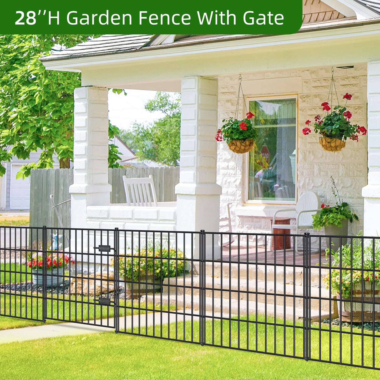 FOREHOGAR Metal Garden Fence 28in (H) x 35ft (L), 1 Gate + 14 Panels Dog Fences Border Fence Animal Barrier, No Dig Garden Fencing for Yard Flower Bed Lawn Patio Outdoor, PIN282815G Black