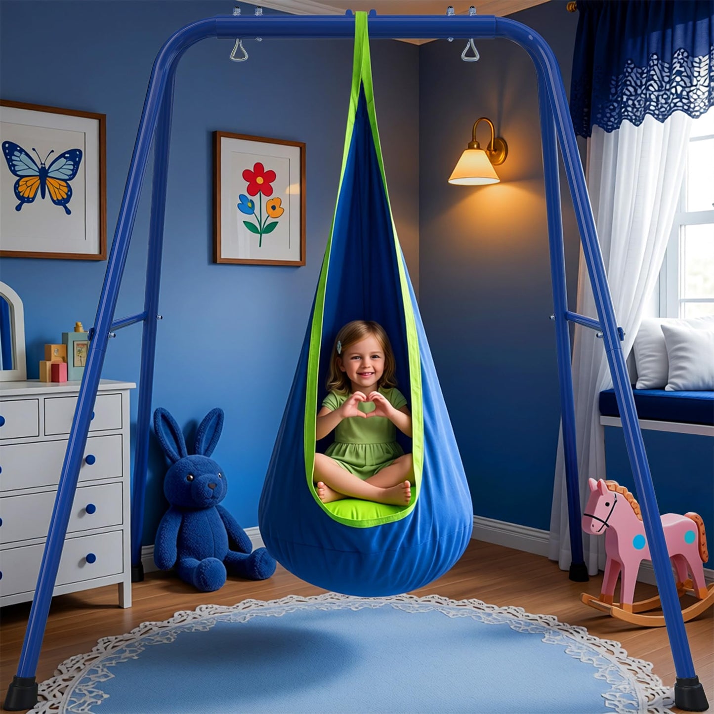 SMkidsport Heavy Duty Sensory Swing Frame for Kids - Indoor Outdoor Metal Stand with Cotton Pod Swing - 200LBS Capacity Blue Therapy Swing for Autism, ADHD, Special Needs - Easy Install ﻿