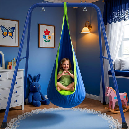 SMkidsport Heavy Duty Sensory Swing Frame for Kids - Indoor Outdoor Metal Stand with Cotton Pod Swing - 200LBS Capacity Blue Therapy Swing for Autism, ADHD, Special Needs - Easy Install ﻿