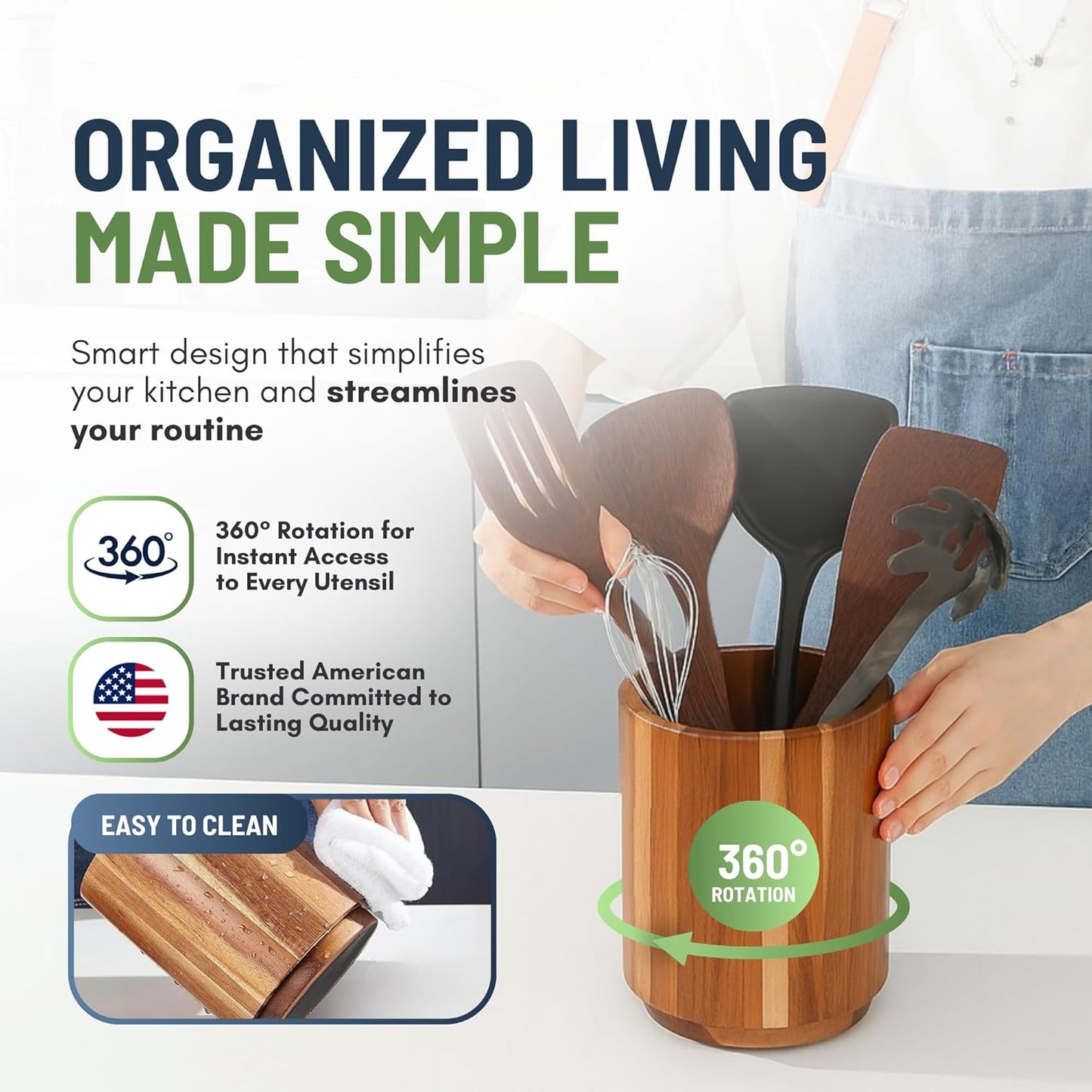 Linda's Essentials Acacia Wooden Utensil Holder - 360° Rotating Non-Slip Design for Kitchen Counter