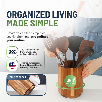 Linda's Essentials Acacia Wooden Utensil Holder - 360° Rotating Non-Slip Design for Kitchen Counter