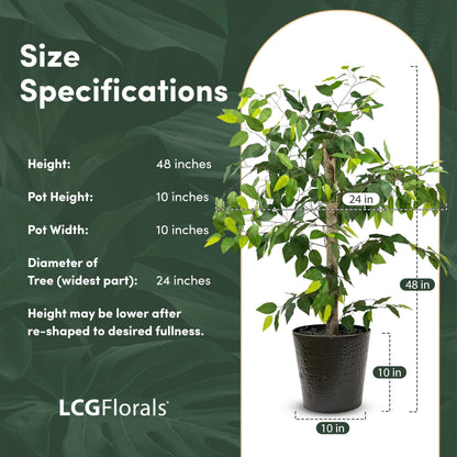 LCG Florals 4ft Ficus Tree in Black Metal Pot with Real-Wood Trunk - Indoor and Outdoor Faux Plants for Patio, Living Rooms, Offices & Outdoor Spaces