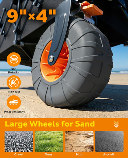Beach Wagon with Big Wheels for Sand, 440lbs Wagons Carts Foldable with 9x4 All-Terrain Wheels, Rear Tailgate, 200L Capacity, Heavy Duty Collapsible Beach Cart for Garden Sports Camping Outdoor