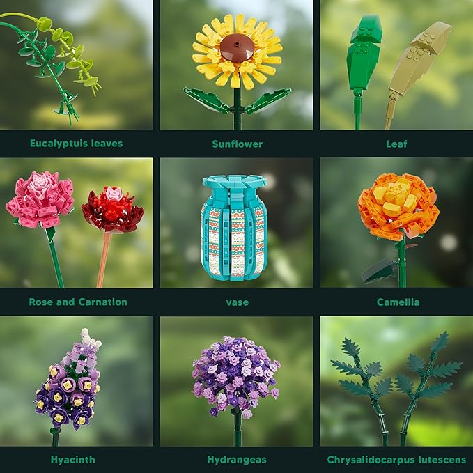 Flowers Bouquet Toys Building Blocks Set with Vase Roses Sunflower Hyacinth Hydrangea Artificial Plants for Adults Teen Girls Home Office Decor- 1853pcs