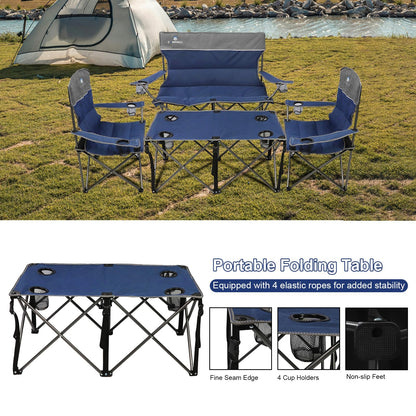 CAMPHILL Camping Chair Set of 4, Outdoor Folding Camping Chairs with Table Heavy Duty Lawn Chair with Cup Holder,Collapsible Chair Include One Sofa Chair and Two Single Chairs and Camping Table
