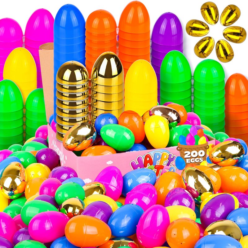 200 Pack 3 Inch Large Fillable Plastic Easter Eggs Bulk Include 6 Surprise Golden Eggs, Bright Color Empty Easter Eggs for Easter Hunts, Basket Stuffers Fillers, Easter Party Favors Classroom Prize