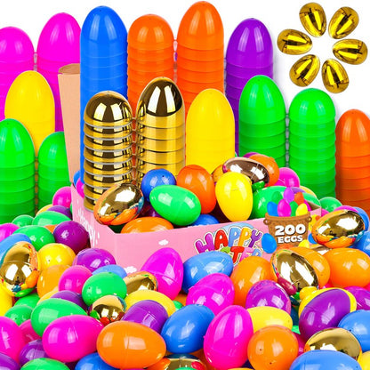 200 Pack 3 Inch Large Fillable Plastic Easter Eggs Bulk Include 6 Surprise Golden Eggs, Bright Color Empty Easter Eggs for Easter Hunts, Basket Stuffers Fillers, Easter Party Favors Classroom Prize