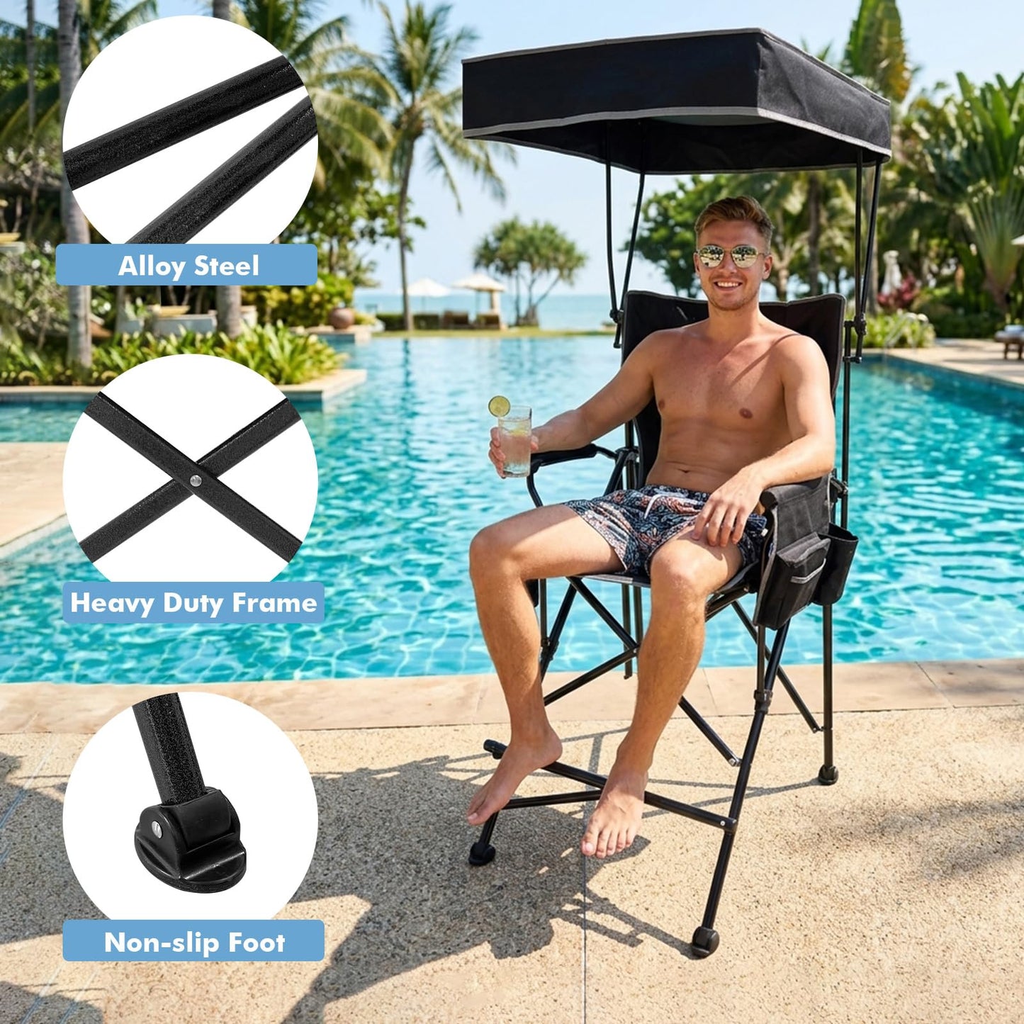 WKFAMOUT 27" Tall Folding Director Chair Oversized with Canopy Shade for Adults Heavy Duty Camping Chair Portable with Footrest & Carry Bag Supports 300 lbs