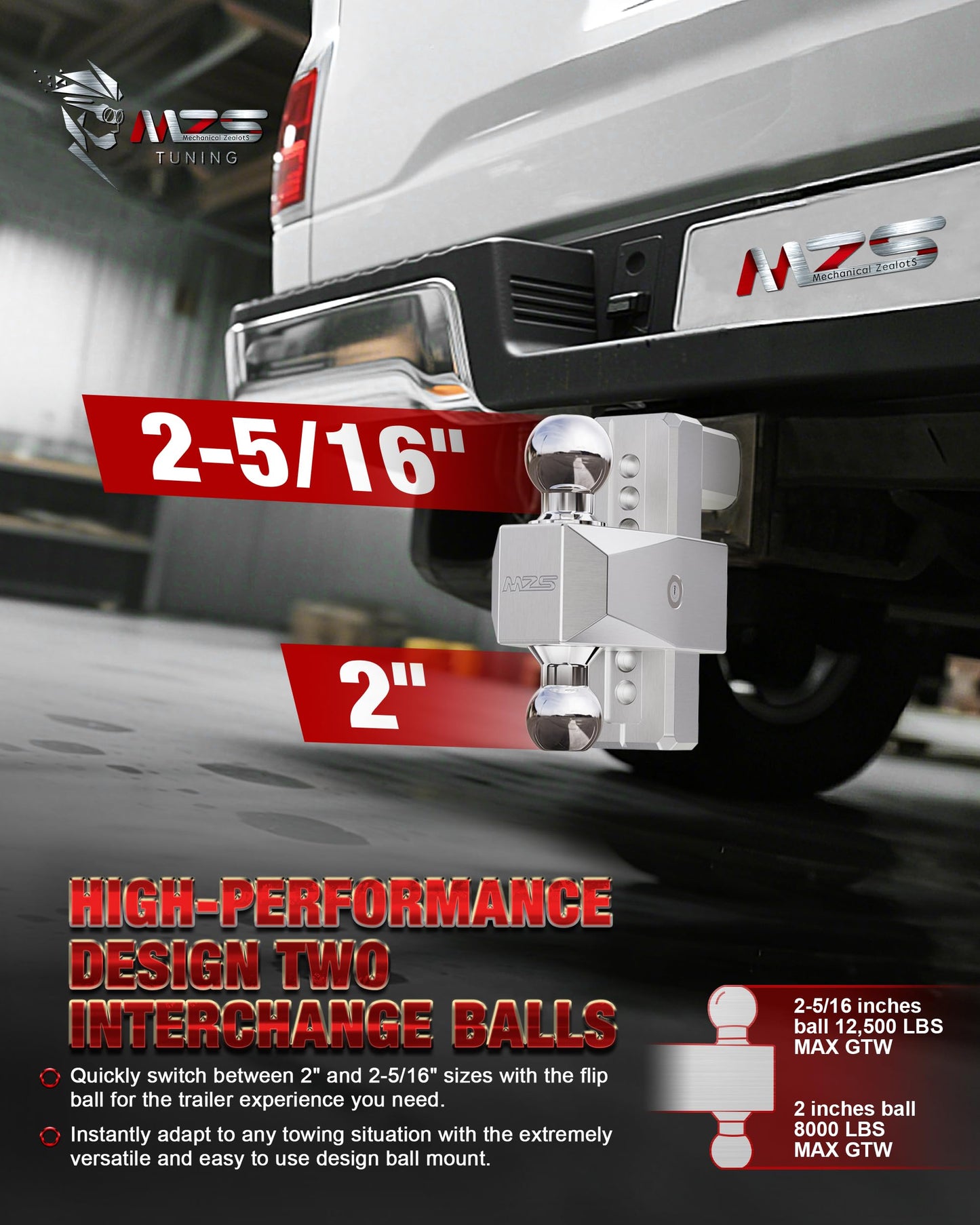 MZS Adjustable Trailer Hitch - Fits 2 Inch Receiver Hitch - 6-Inch Adjustable Drop Hitch - Heavy Duty Aluminum Tow Hitch for Truck(12,500 LBS GTW) Chrome