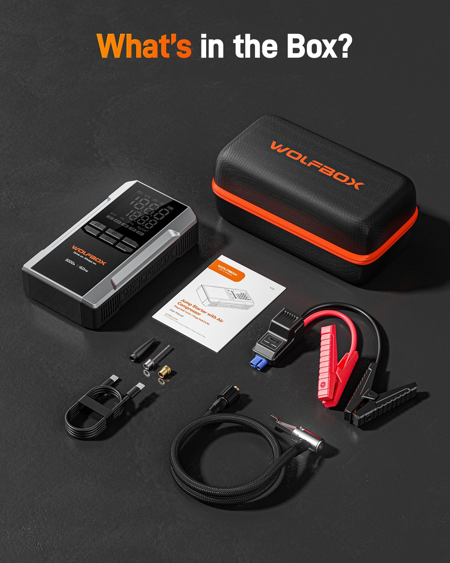 WOLFBOX 3000A Jump Starter with Air Compressor, 59.2Wh&160PSI Portable Car Battery Jump Starter with 65W Fast Charging, 12V Battery Pack (8L Gas 6L Diesel Engine) with Boost, Light and Jumper Cables