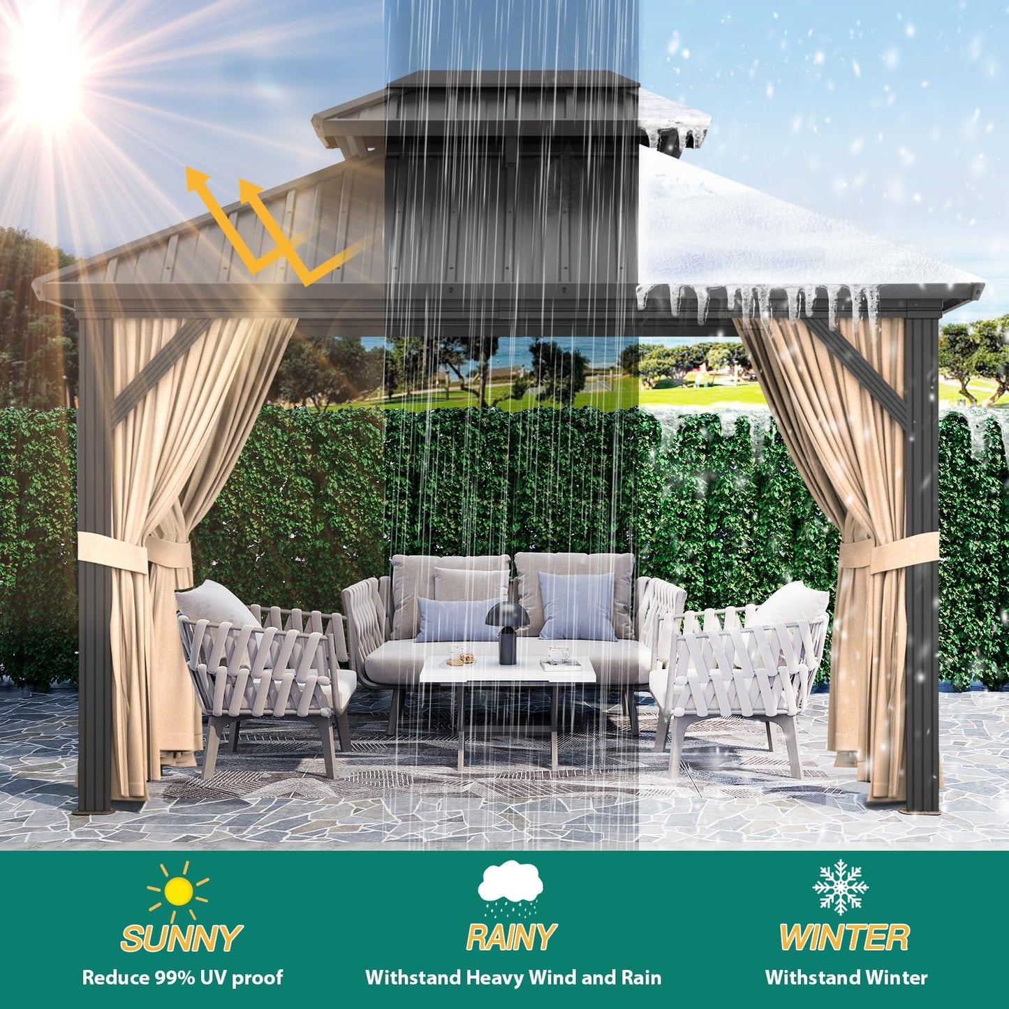10' x 12' Hardtop Gazebo, All-Weather Aluminum Frame Outdoor Canopy with Double Polycarbonate Roof, Permanent Outdoor Gazebo with Netting & Curtains for Garden, Lawns, Patio, Khaki.