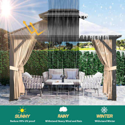 10' x 12' Hardtop Gazebo, All-Weather Aluminum Frame Outdoor Canopy with Double Polycarbonate Roof, Permanent Outdoor Gazebo with Netting & Curtains for Garden, Lawns, Patio, Khaki.