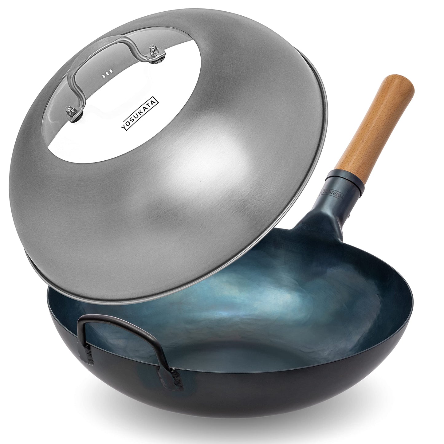 YOSUKATA Flat Bottom Wok Pan - 13.5" Blue Carbon Steel Wok With Lid 12.8 Inch - Premium Stainless Pan Cover with Tempered Glass Insert Steam Holes and Ergonomic Handle