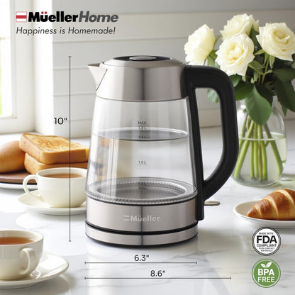 MUELLER HOME Rapid Boil Electric Tea Kettle 1.8L – Borosilicate Glass & Stainless Steel – BPA-Free Hot Water Boiler, LED Light, Auto Shut-Off, Boil Dry Protection Fast Water Heater, Kitchen Appliances