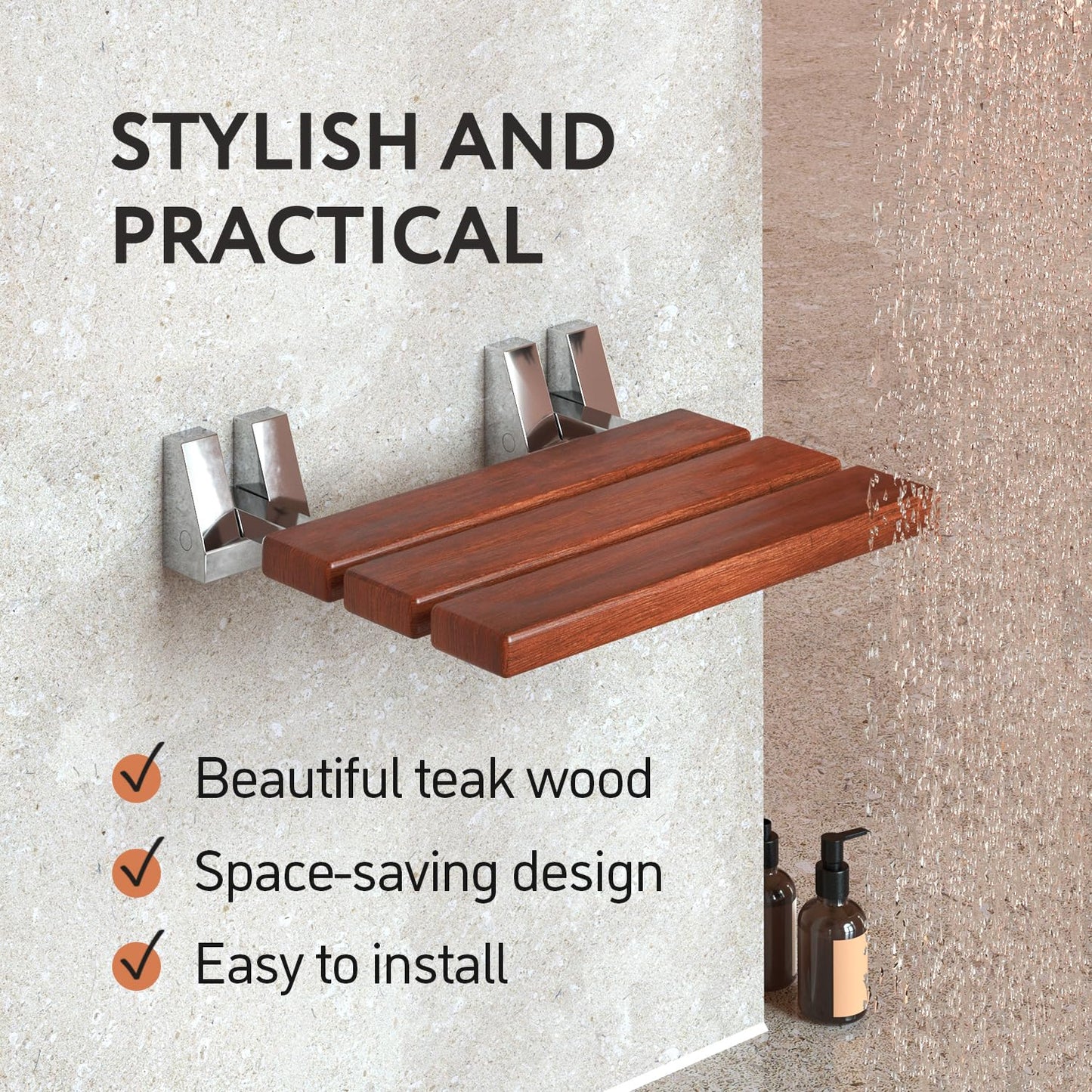 Folding Shower Seat - Teak Shower Seat Wall Mounted - 16 Inch Floating Fold Down in Shower Bench - Fold Up Bathroom Stool - Foldable Teak Wood Chair with Stainless Steel Wall Mount - 330lb Capacity